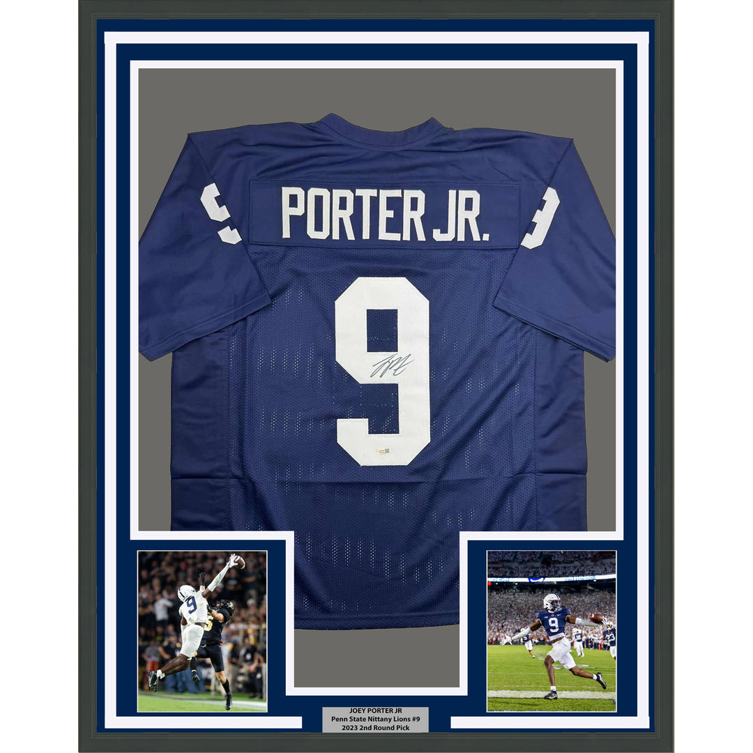 Framed Autographed/Signed Joey Porter Jr. 35x39 Penn State Blue Jersey BAS COA