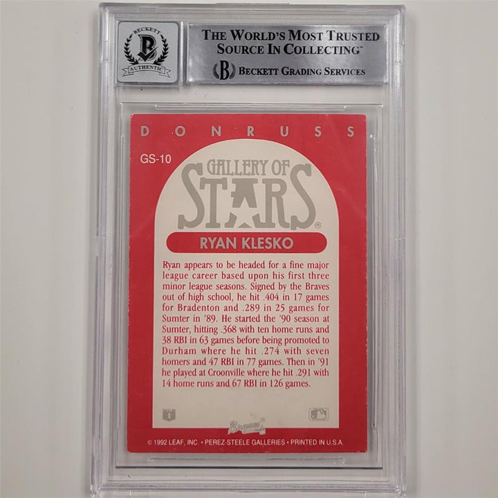 Ryan Klesko signed 1992 Leaf Donruss Gallery of Stars #GS10 RC card BAS 10 auto