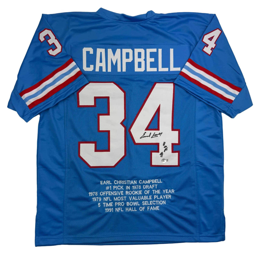 Autographed/Signed EARL CAMPBELL HOF 91 Houston Blue Stat Jersey JSA COA Auto