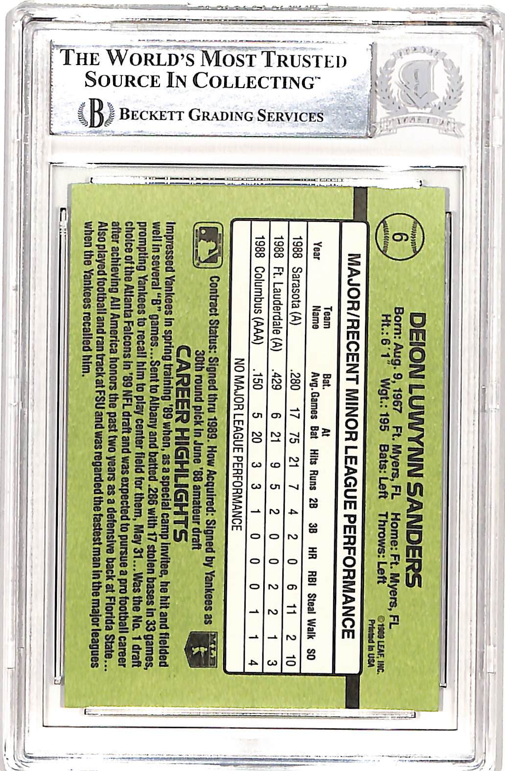 Deion Sanders Signed 1989 Donruss #6 Trading Card Beckett 42658