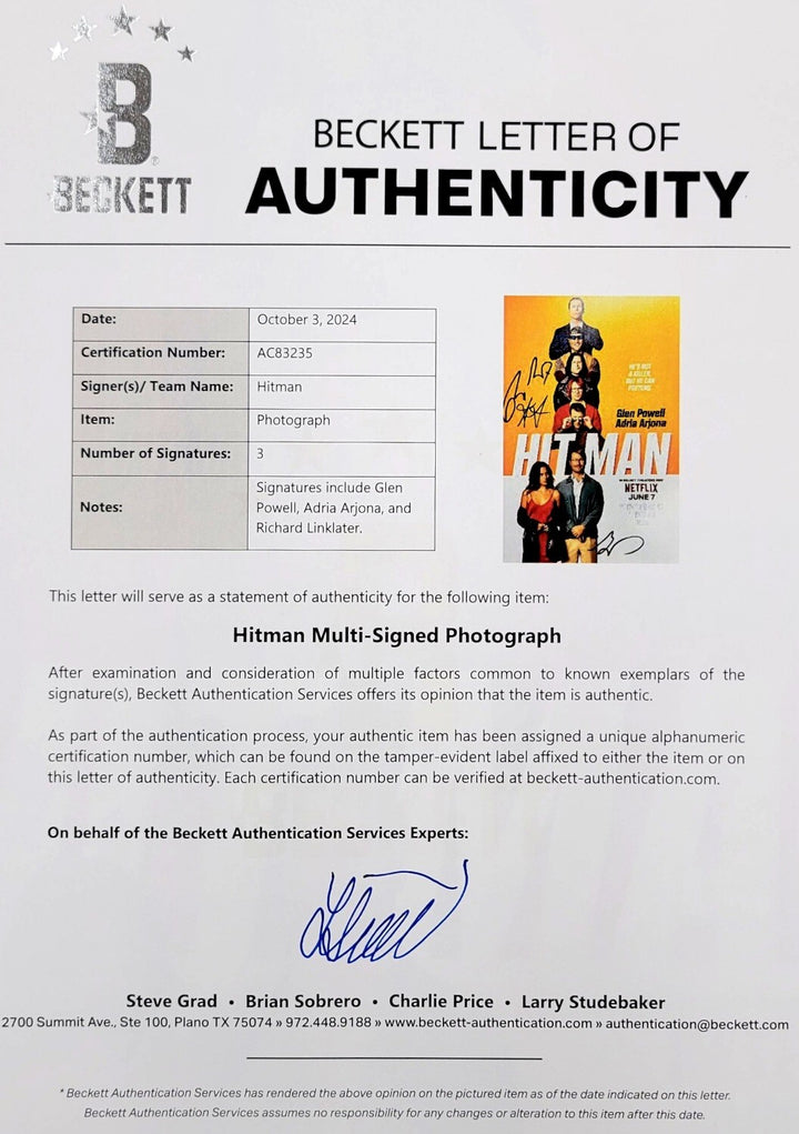 Hit Man cast (3) signed 12x18 photo Powell Arjona Linklater (A) ~ Beckett BAS