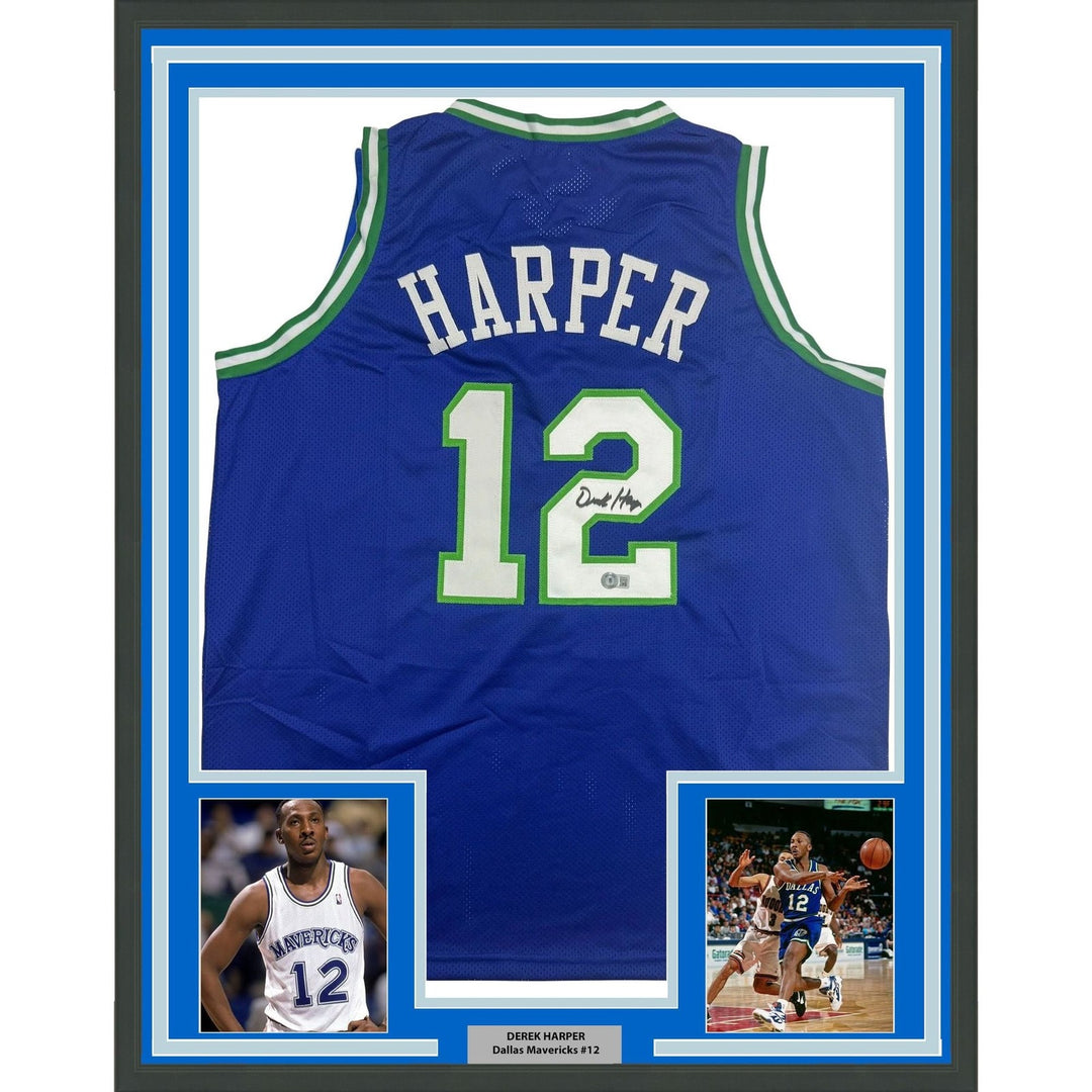 Framed Autographed/Signed Derek Harper35x39 Dallas Blue Jersey Beckett COA