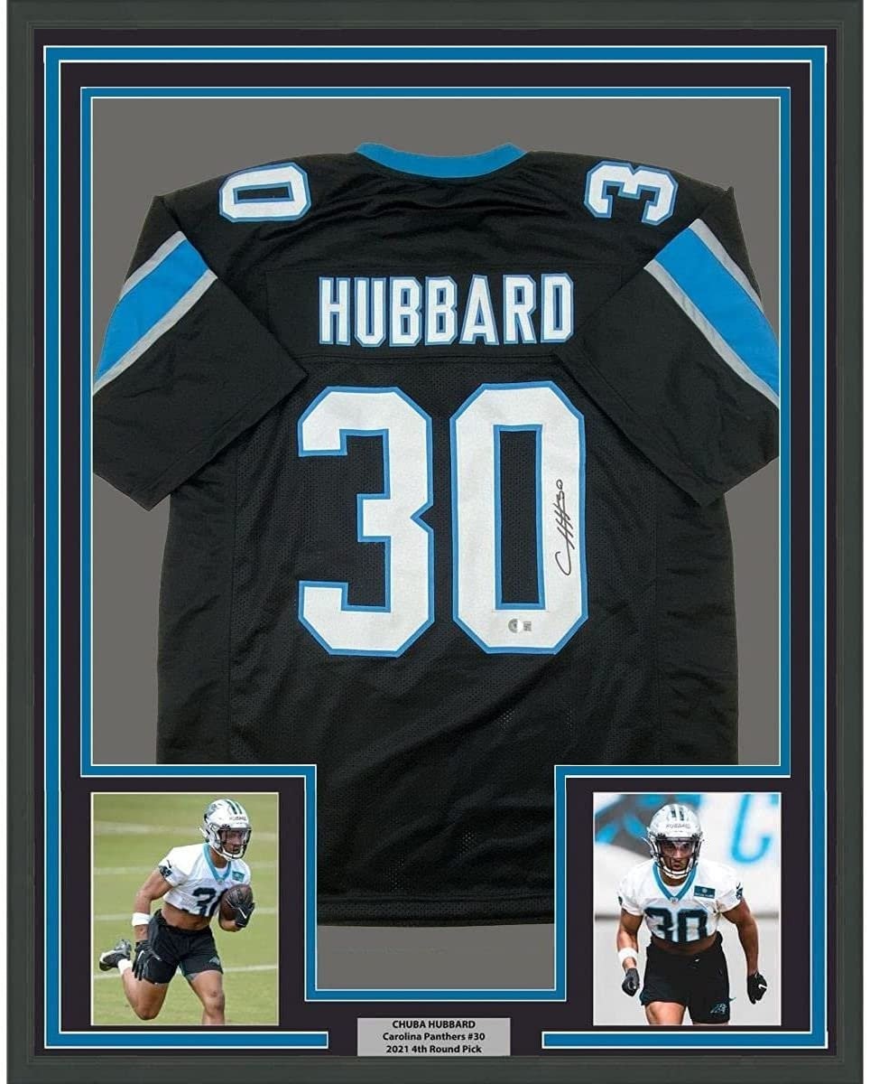 Framed Autographed/Signed Chuba Hubbard 35x39 Carolina Black Jersey BAS COA