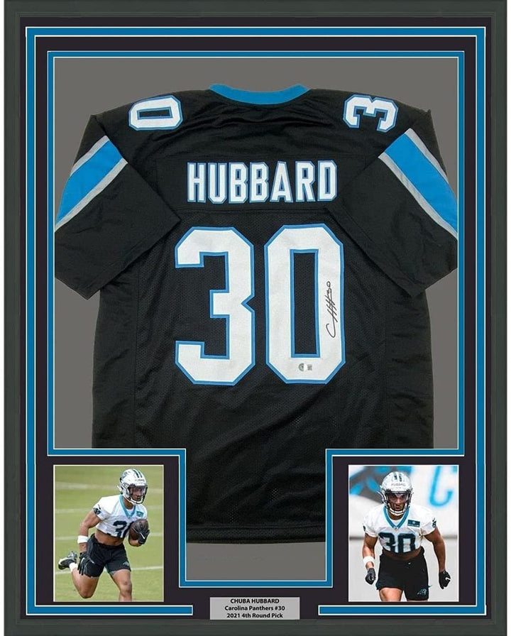Framed Autographed/Signed Chuba Hubbard 35x39 Carolina Black Jersey BAS COA