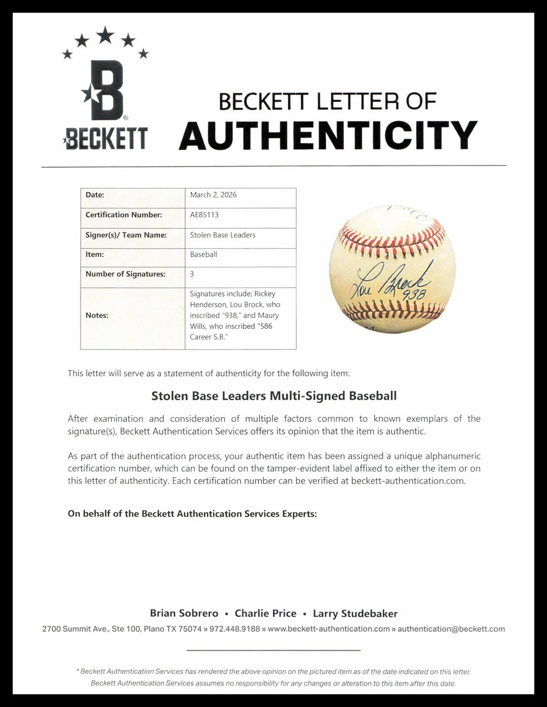 Rickey Henderson, Lou Brock, Maury Wills Auto AL Baseball Greatest Base