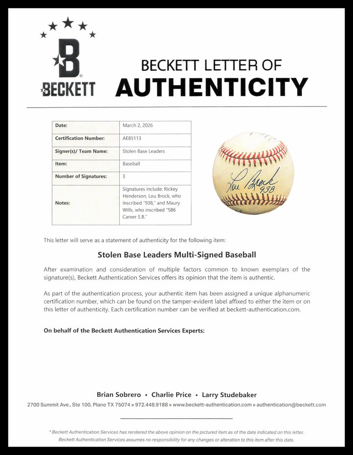 Rickey Henderson, Lou Brock, Maury Wills Auto AL Baseball Greatest Base