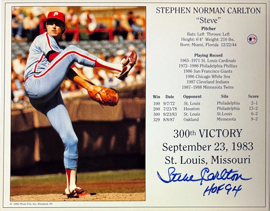 Steve Carlton signed Phillies MLB 300th Victory 8x10 Photo/Card w/ HOF 94- COA