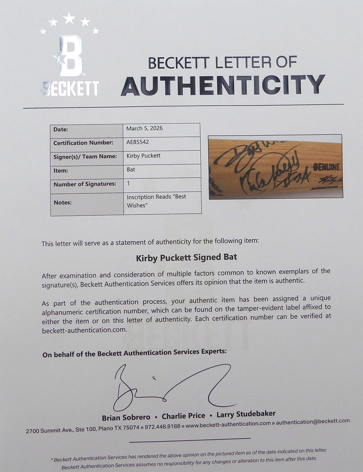 Kirby Puckett Auto P339 Game Model L Slugger Bat Twins "Best Wishes" Beckett