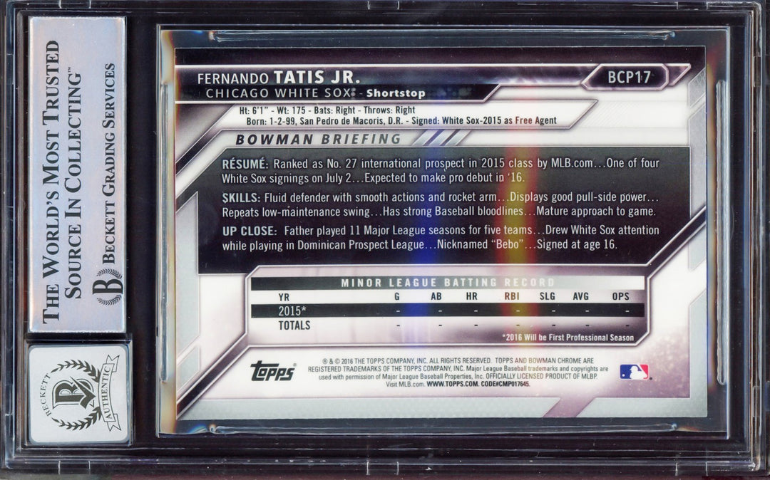 Fernando Tatis Jr Auto 2016 Bowman Chrome Prospect RC BCP17 Sig 10 Beckett
