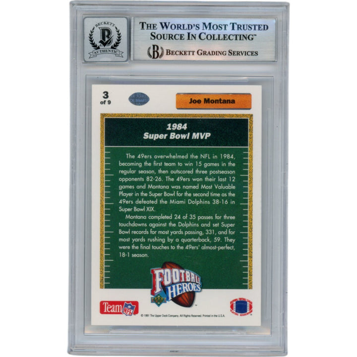 Joe Montana Autographed/Signed 91 Upper Deck #3 Slab Trading Card Beckett 49944