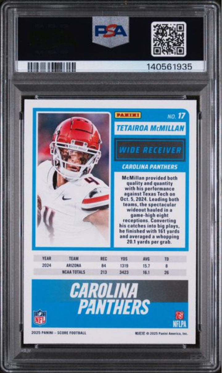 Graded 2025 Panini Score Tetairoa McMillan #17 Rookie RC Card PSA 10 Gem Mint