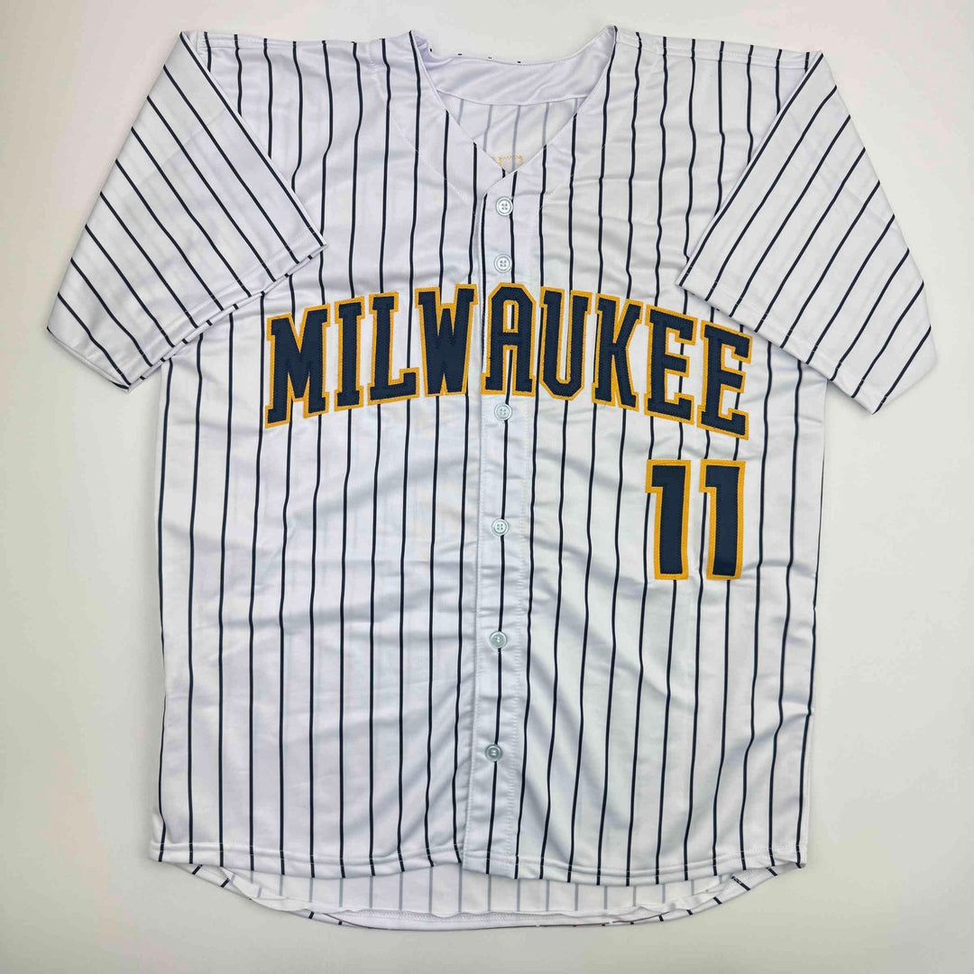 Autographed/Signed Jackson Chourio Milwaukee Pinstripe Jersey Beckett COA