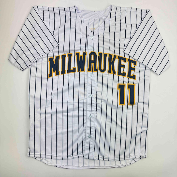 Autographed/Signed Jackson Chourio Milwaukee Pinstripe Jersey Beckett COA