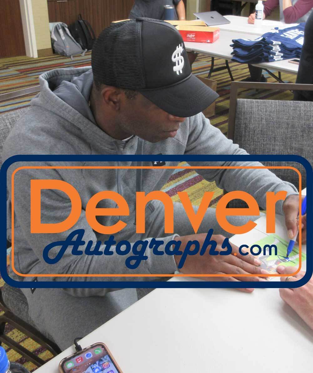 Deion Sanders Autographed Atlanta Falcons Goal Line Art Card Blue HOF 36543