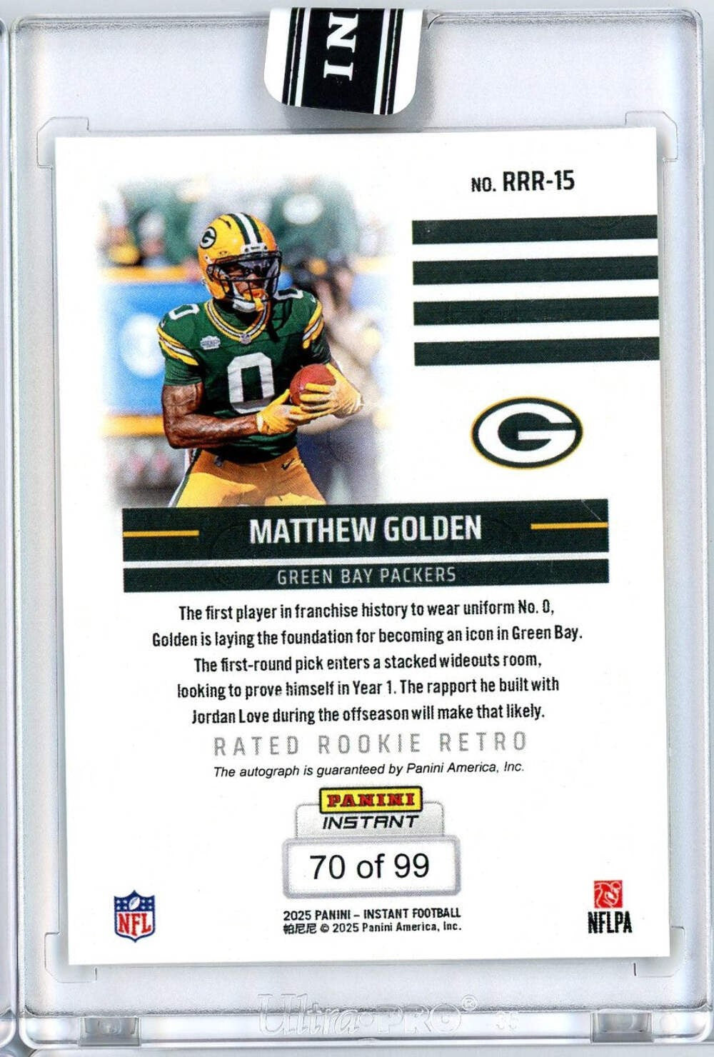2025 Panini Instant NFL Matthew Golden #15 Rated Retro Rookie Auto /99 RC Card