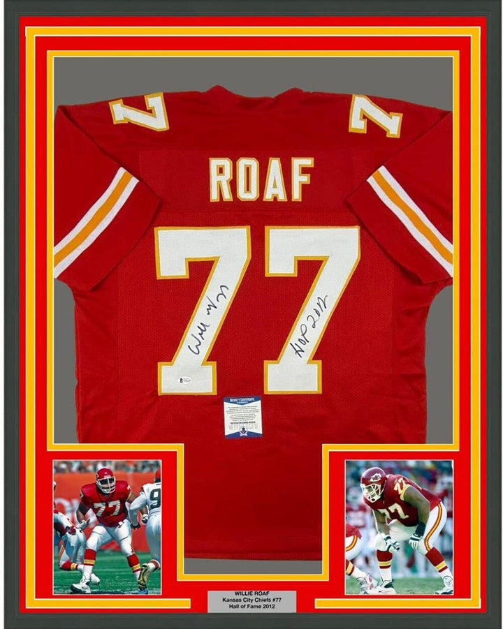Framed Autographed/Signed Willie Roaf HOF 33x42 Kansas City Red Jersey BAS COA
