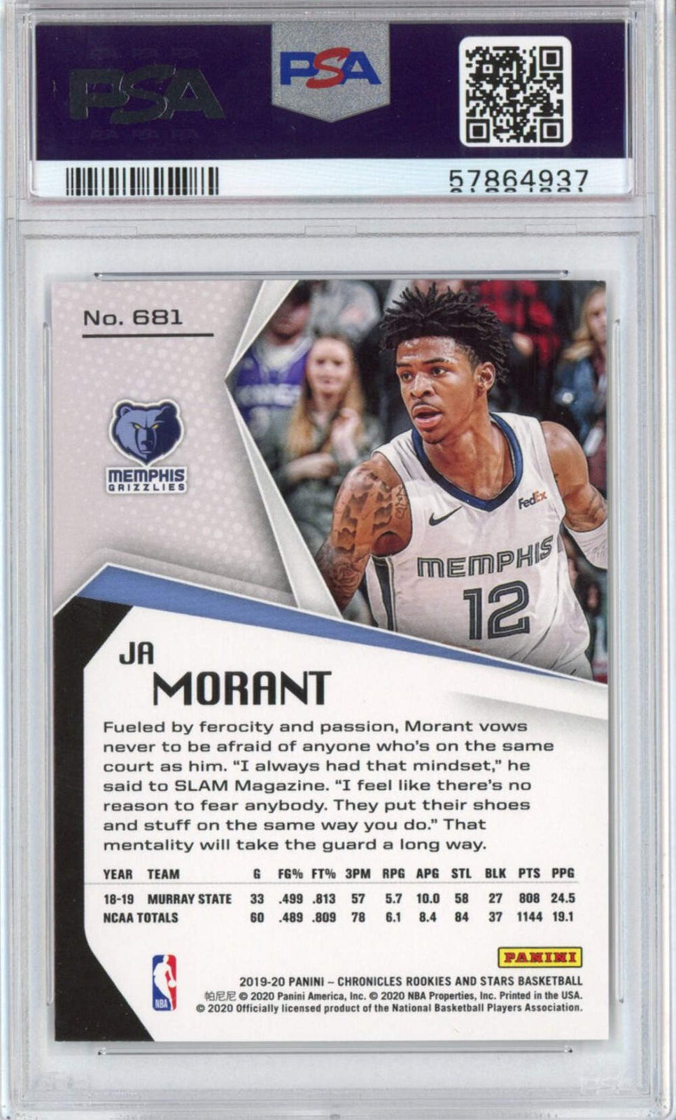 Graded 2019-20 Panini Chronicles Ja Morant #681 Rookie RC Basketball Card PSA 10