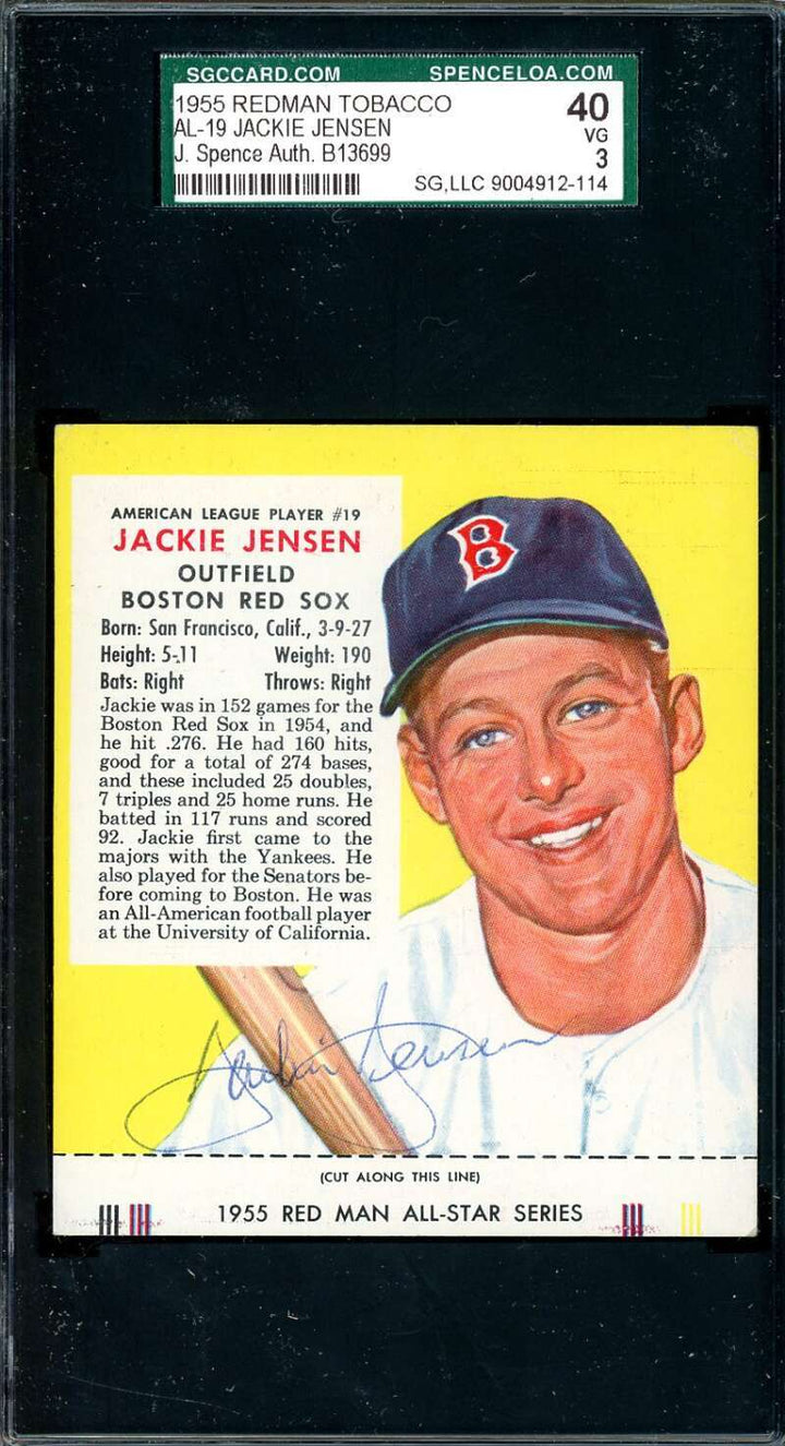 Jackie Jensen JSA SGC Coa Signed 1955 Red Man Tobacco With Tab Autograph