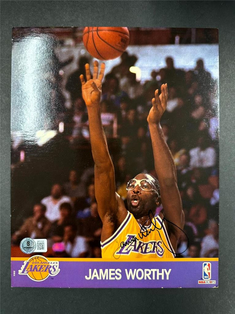 James Worthy autograph signed 1991 NBA Hoops Lakers 8x10 Photo Card~ BAS Beckett