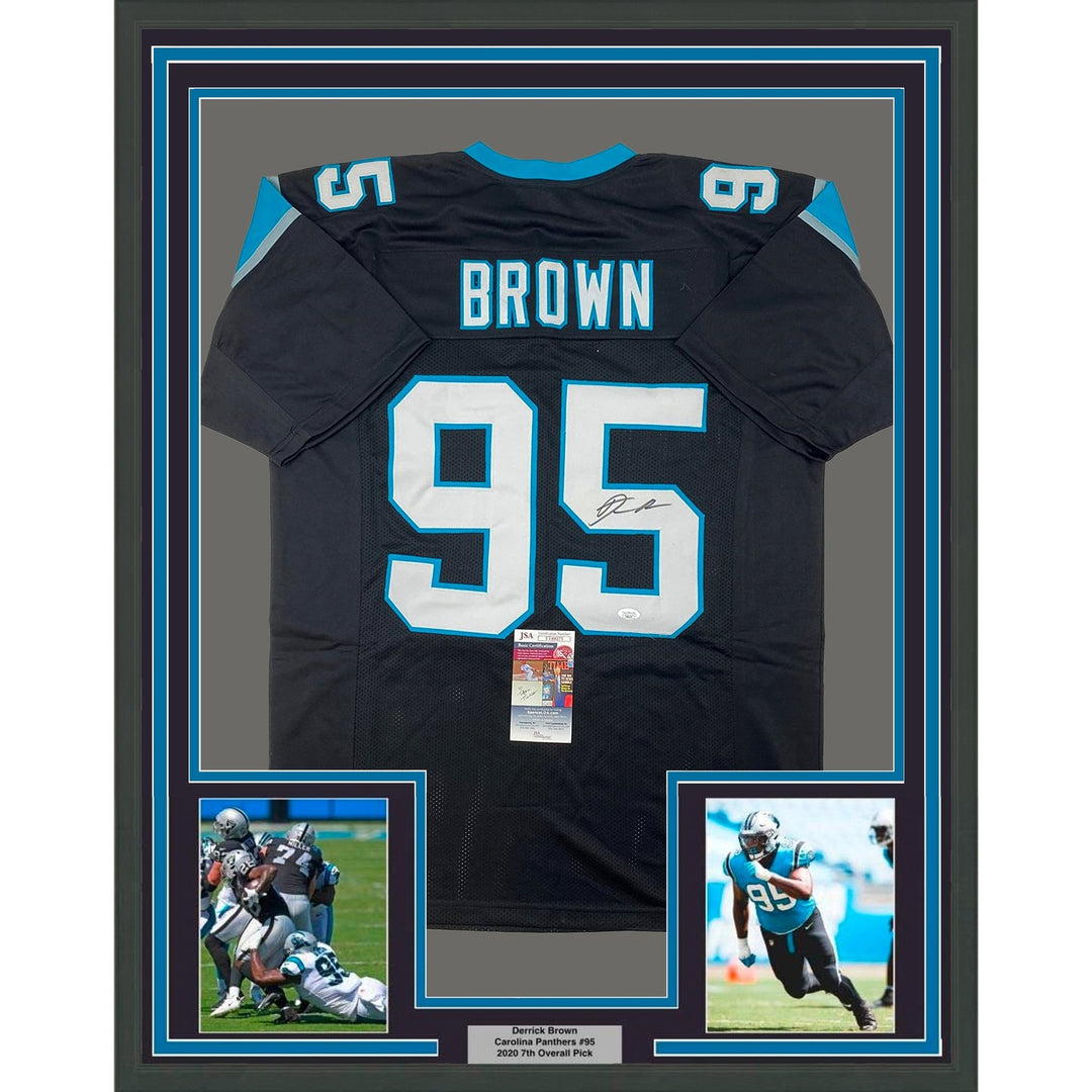 Framed Autographed/Signed Derrick Brown 35x39 Carolina Black Jersey JSA COA