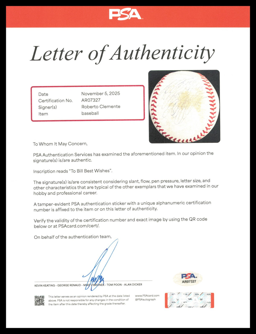 Roberto Clemente Auto Official Feeney NL Baseball Pirates "To Bill" Beckett, PSA