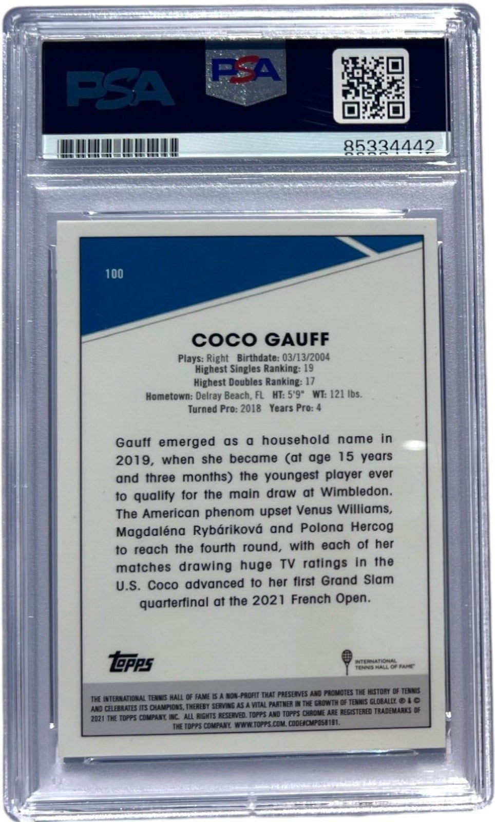 COCO GAUFF SIGNED 2021 TOPPS CHROME SAPPHIRE ROOKIE TENNIS CARD AUTO RC PSA/DNA