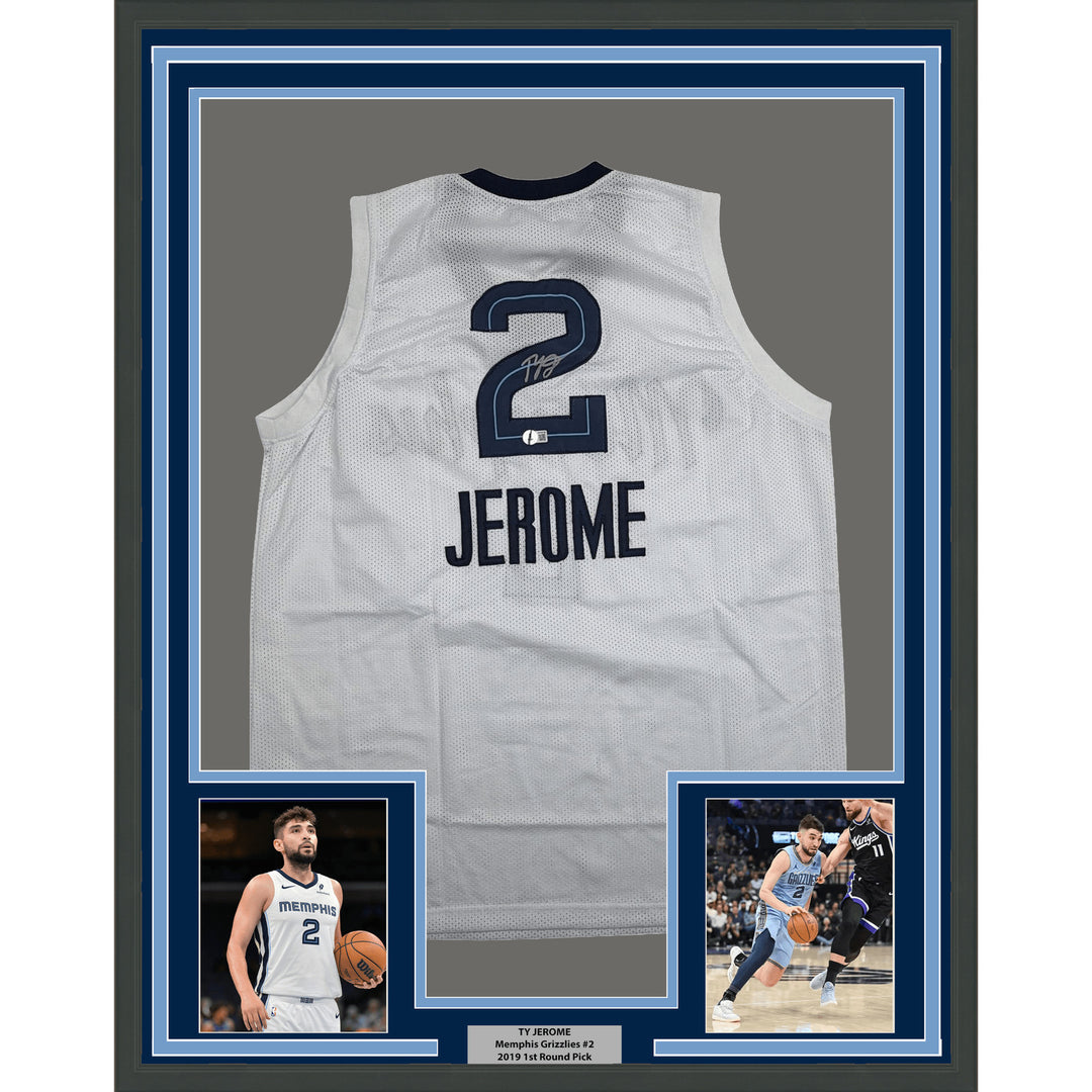 Framed Autographed Ty Jerome 35x39 Memphis White Basketball Jersey BAS COA