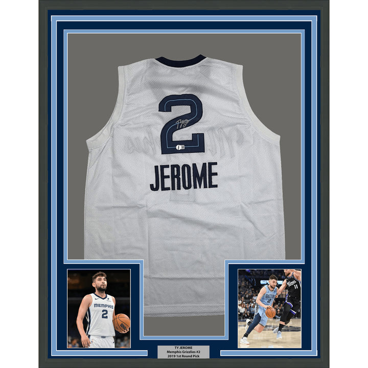 Framed Autographed Ty Jerome 35x39 Memphis White Basketball Jersey BAS COA