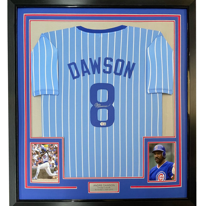 Framed Signed Andre Dawson 35x39 Chicago Pinstripe Blue Jersey JSA COA