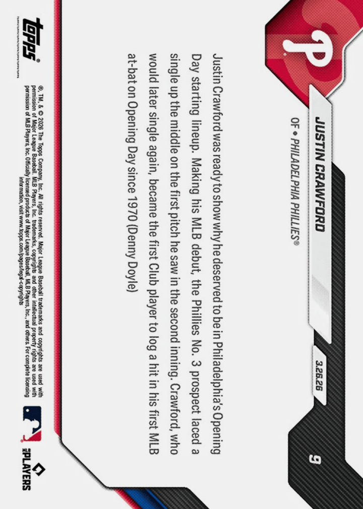 2026 Topps Now Justin Crawford #39 Gold Foil /50 Rookie RC Baseball Card