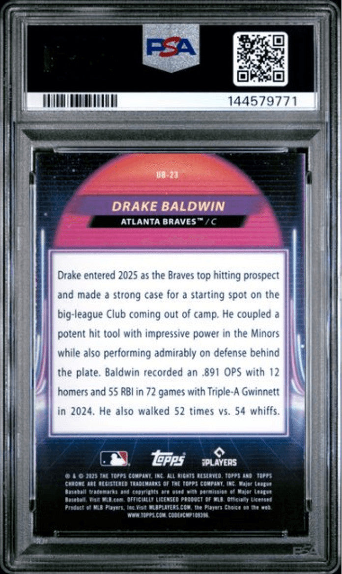 Graded 2025 Topps Cosmic Chrome Drake Baldwin #23 Ultraviolet RC Card PSA 10