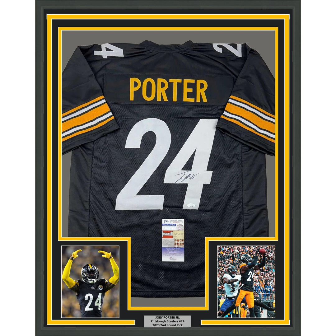 Framed Signed Joey Porter Jr. 35x39 Pittsburgh Black Jersey JSA COA