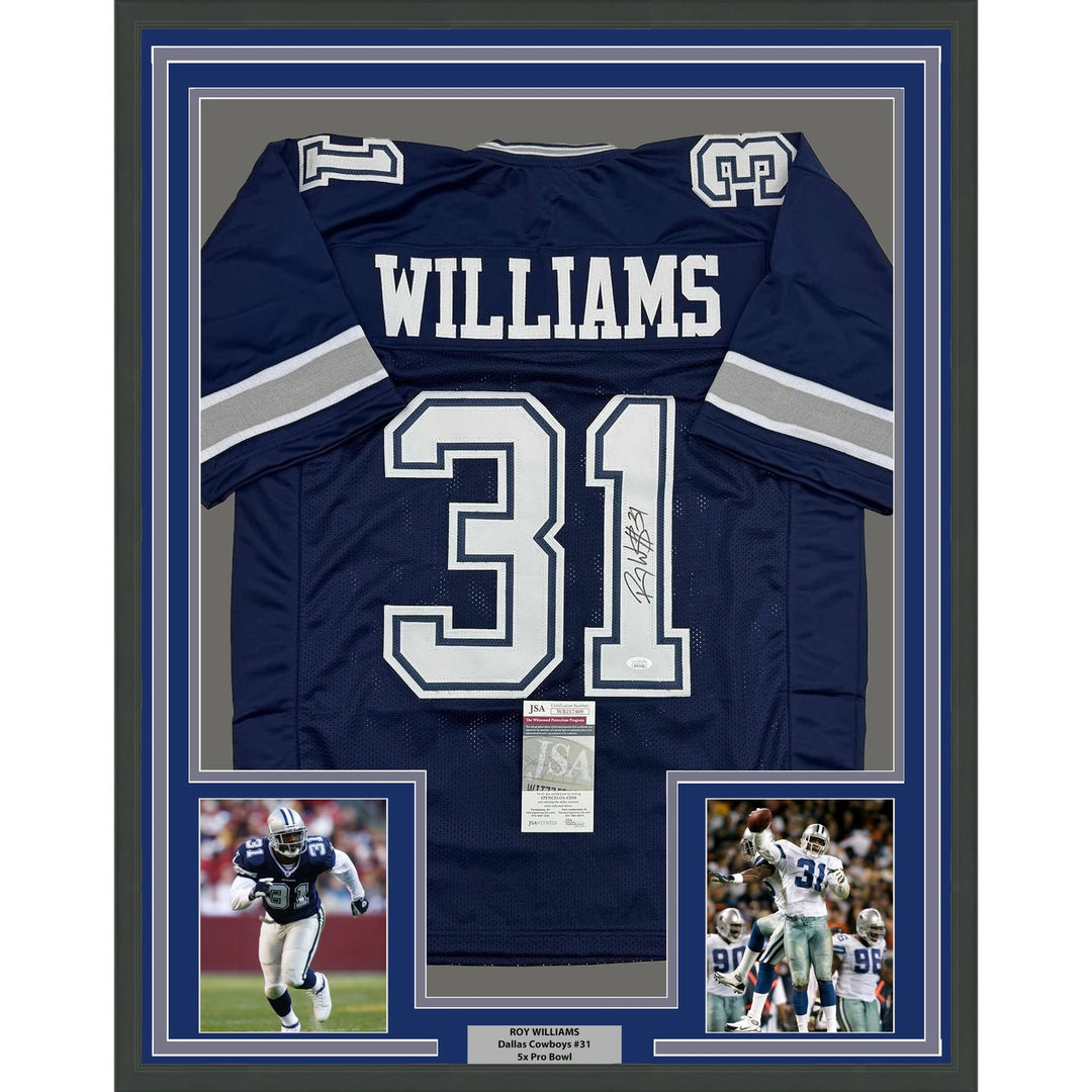 Framed Autographed/Signed Roy Williams 35x39 Dallas Blue Jersey JSA COA