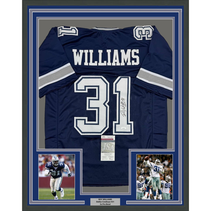 Framed Autographed/Signed Roy Williams 35x39 Dallas Blue Jersey JSA COA