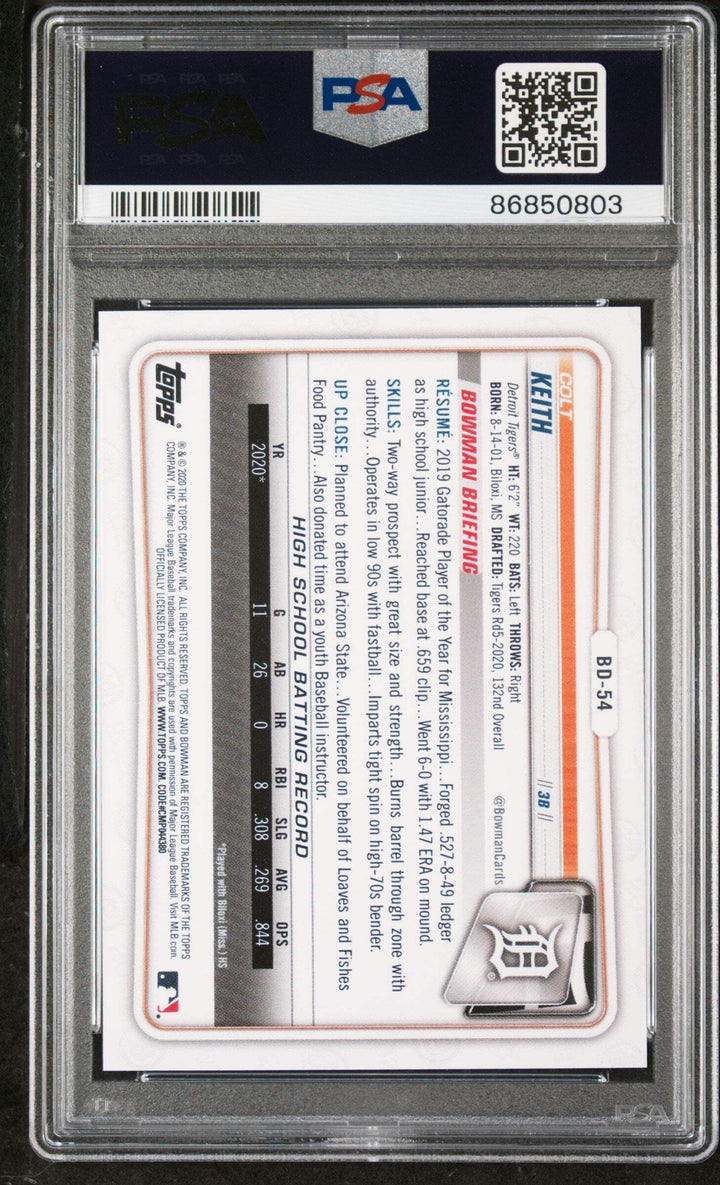 Graded 2020 Topps Bowman Draft Colt Keith #1st Edition RC Baseball Card PSA 10