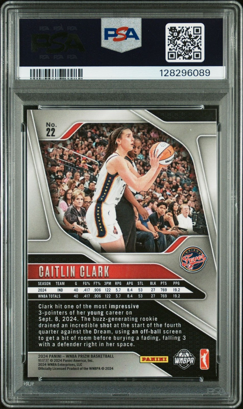 CAITLIN CLARK SIGNED 2024 PANINI PRIZM WNBA #22 ROOKIE CARD FEVER RC PSA AUTO 10