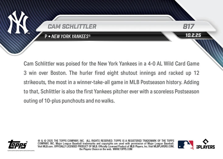 CAM SCHLITTLER POSTSEASON DEBUT HISTORY YANKEES RED SOX TOPPS NOW WILD CARD #817