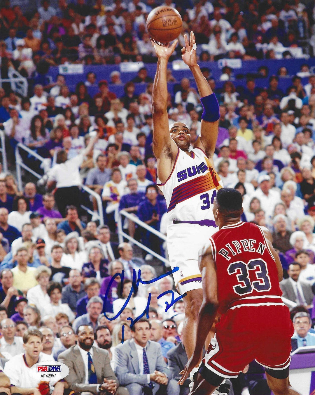 CHARLES BARKLEY SIGNED AUTOGRAPHED PHOENIX SUNS BASKETBALL 8X10 PHOTO USA PSA !