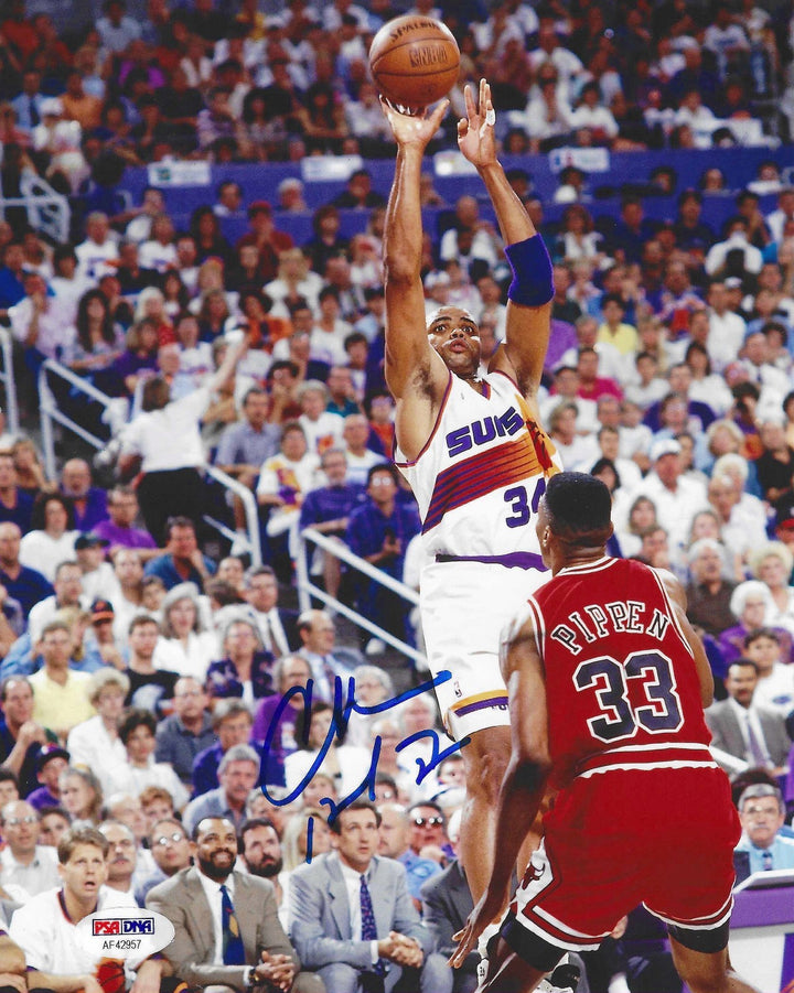 CHARLES BARKLEY SIGNED AUTOGRAPHED PHOENIX SUNS BASKETBALL 8X10 PHOTO USA PSA !