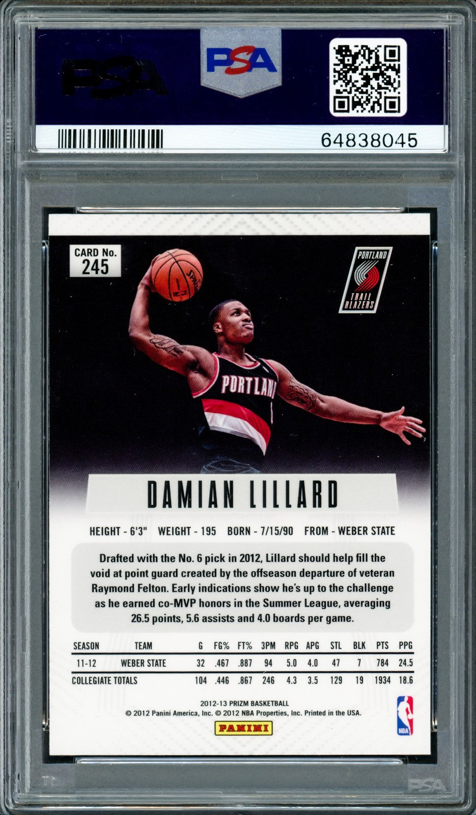 Damian Lillard Signed 2012-13 Panini Prizm RC 245 PSA 9 Sig 10 On Card PSA/DNA
