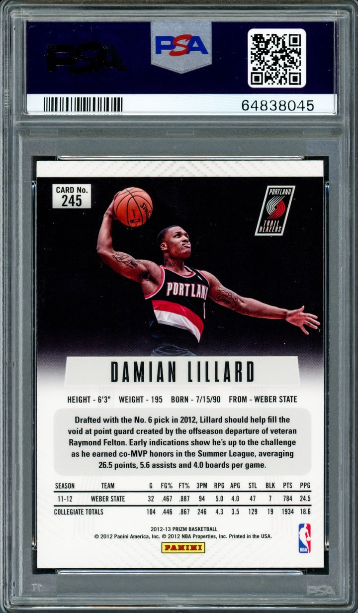 Damian Lillard Signed 2012-13 Panini Prizm RC 245 PSA 9 Sig 10 On Card PSA/DNA