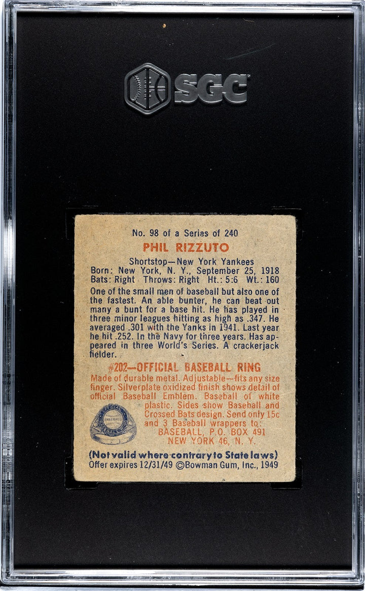 Phil Rizzuto 1949 Bowman Card #98- SGC Graded 1 Poor (no name on front/Yankees)