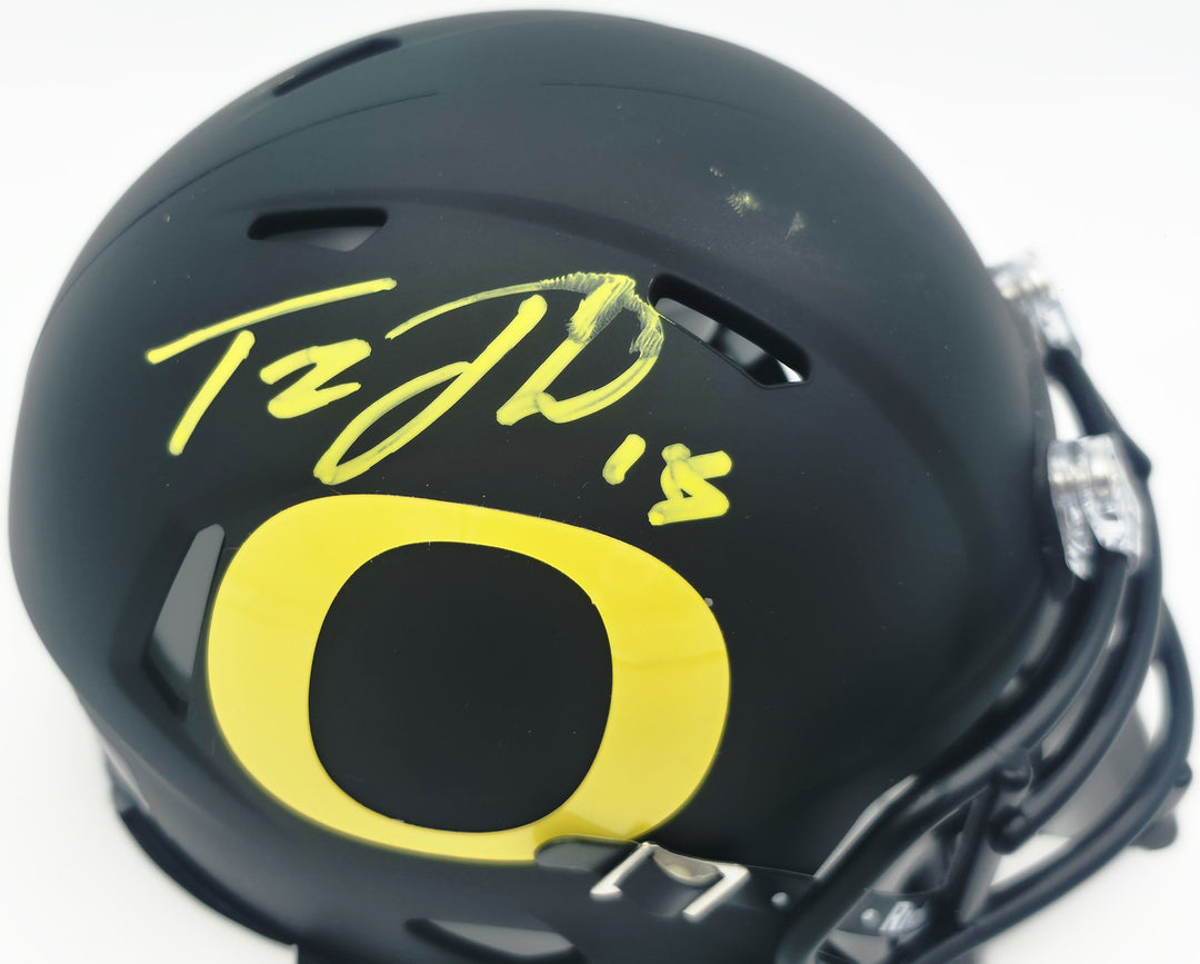 Tez Johnson Auto Oregon Ducks Matte Black Speed Mini Helmet (Smudge) JSA Witness