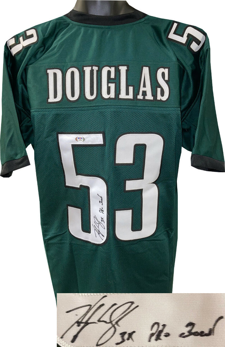 Hugh Douglas signed Philadelphia Green Custom Stitched Jersey 3X Pro Bowl XL-PSA