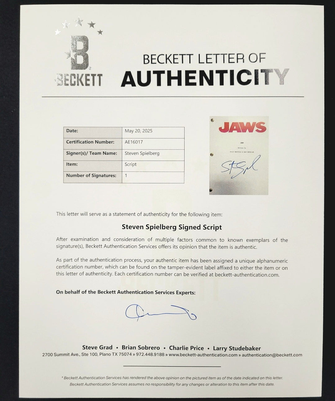 Steven Spielberg signed Jaws Full Movie Script autograph ~ Beckett BAS