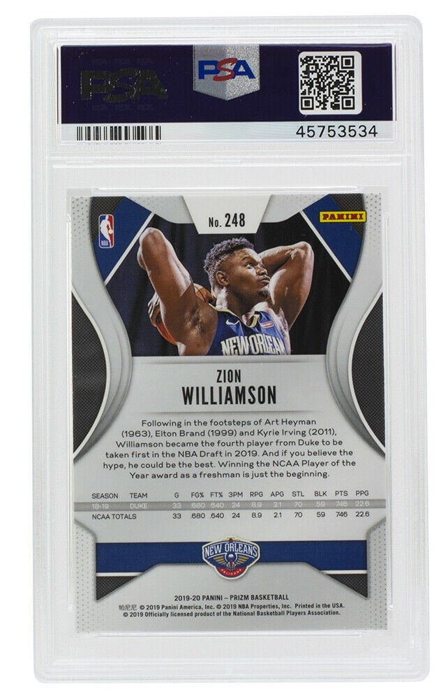 Zion Williamson Duke Slabbed 2019 Prizm #248 Basketball Card Gem Mint 10 PSA