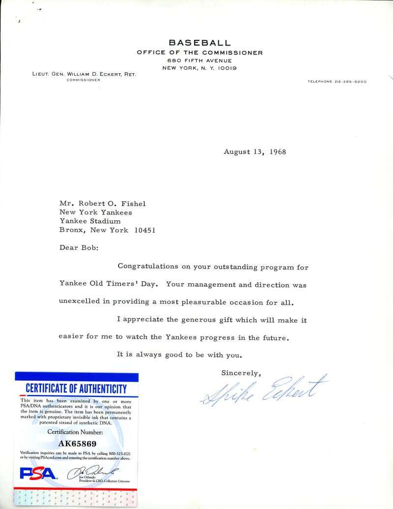 William Eckert PSA DNA Signed 1968 Typed Letter New York Yankees Autograph