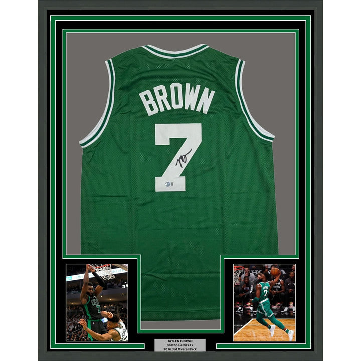 Framed Autographed/Signed Jaylen Brown 35x39 Boston Green Jersey BAS COA