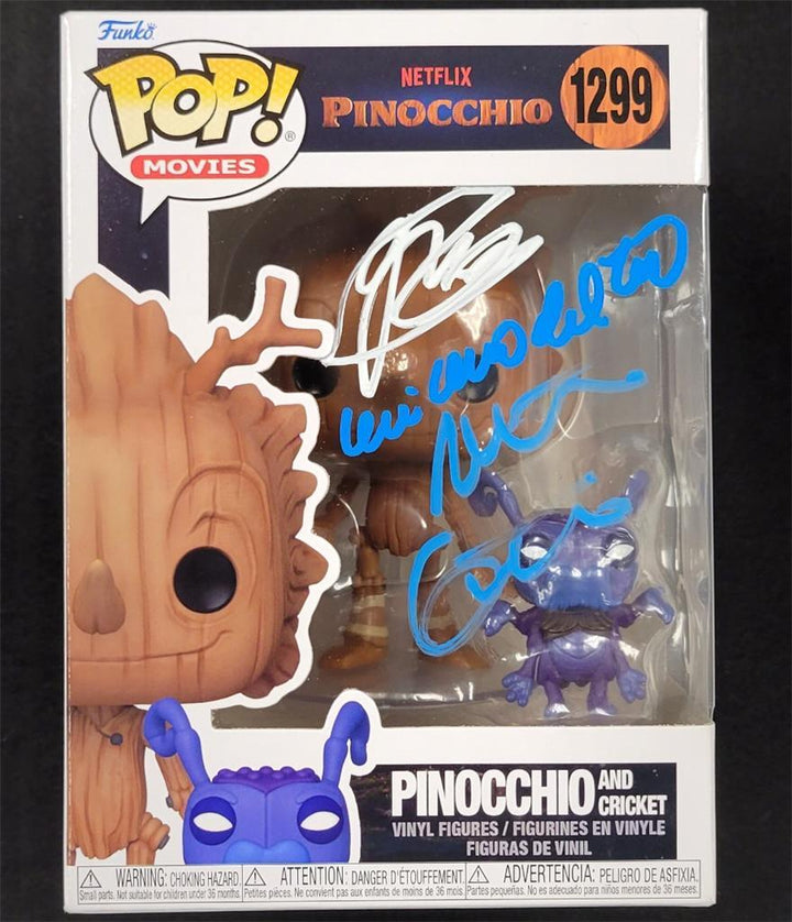 Pinocchio cast signed Funko Pop! Del Toro Mann Gustafson Bradley autograph BAS