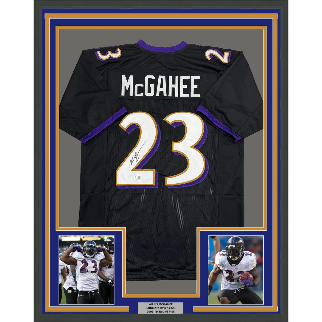 Framed Autographed/Signed Willis McGahee 35x39 Baltimore Black Jersey COA